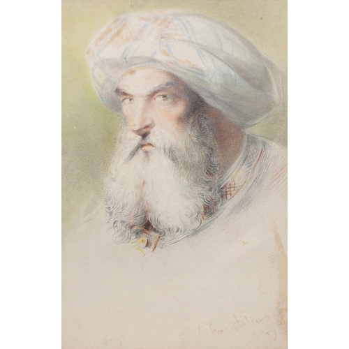 354 - A mid-19th century pencil & watercolour painting of a bearded man with turban, signed 