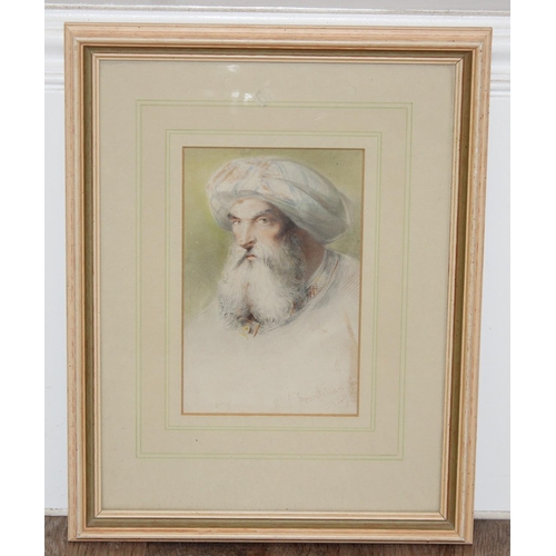 354 - A mid-19th century pencil & watercolour painting of a bearded man with turban, signed 