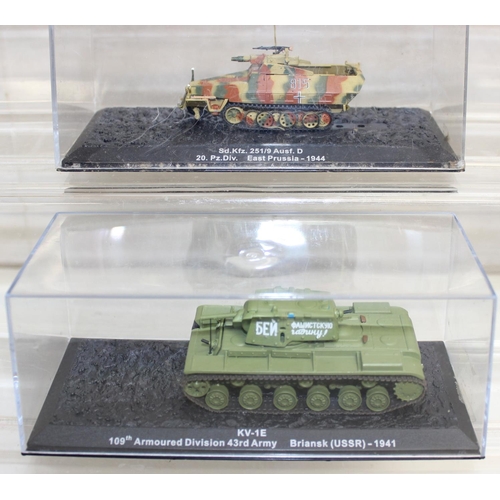 645 - Quantity of scale model WWII military vehicles to include Wirbelwind anti-aircraft tank, T-34 tank p... 