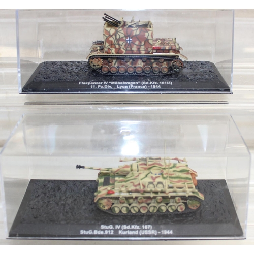 645 - Quantity of scale model WWII military vehicles to include Wirbelwind anti-aircraft tank, T-34 tank p... 