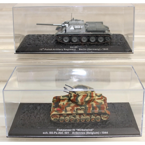 645 - Quantity of scale model WWII military vehicles to include Wirbelwind anti-aircraft tank, T-34 tank p... 