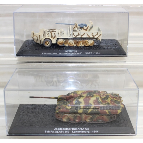 645 - Quantity of scale model WWII military vehicles to include Wirbelwind anti-aircraft tank, T-34 tank p... 