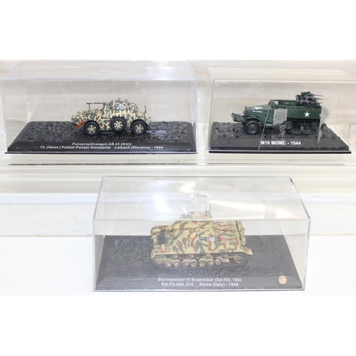 649 - Quantity of scale model WWII military vehicles to include M16 MGMC half-track, M4A3 Sherman tank plu... 