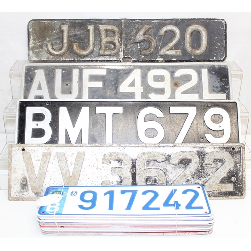 749 - Qty of vintage pressed aluminium car number plates to British and European examples, largest approx ... 