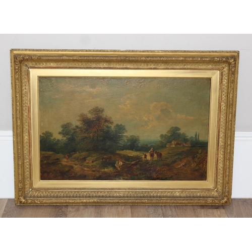 466 - A large 19th century oil on canvas of a pastoral landscape, seemingly unsigned, with Charles H West ... 