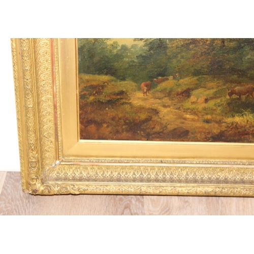 466 - A large 19th century oil on canvas of a pastoral landscape, seemingly unsigned, with Charles H West ... 