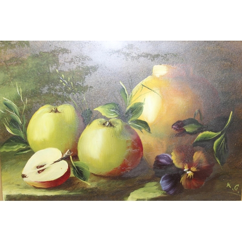 467 - A pair of 19th or 20th century oils on board depicting still life of fruit, signed KGJ lower left an... 