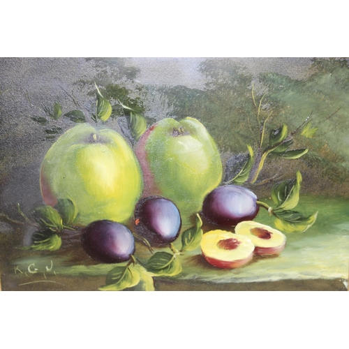 467 - A pair of 19th or 20th century oils on board depicting still life of fruit, signed KGJ lower left an... 