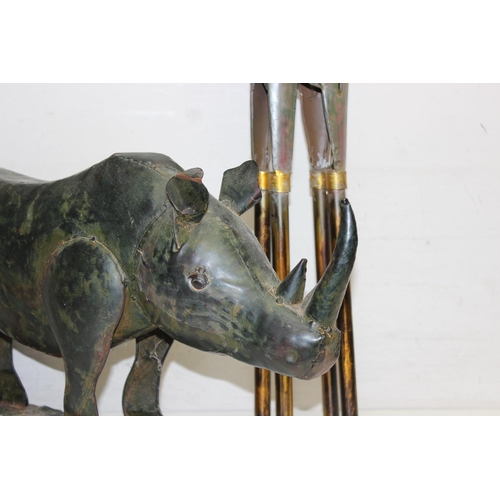 1583 - 3 reclaimed metal animal sculptures to include a Rhino and 2 elephants, elephants approx 80cm tall