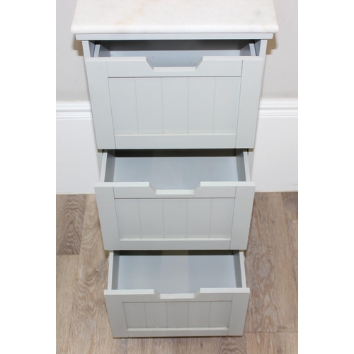 185 - Modern 3 drawer marble topped bathroom storage cabinet, approx 38cm W x 33cm D x 84cm H