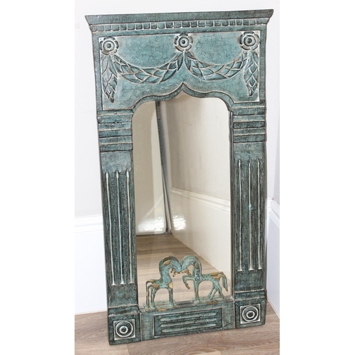 471 - Large highly decorative copper effect wooden wall mirror, decorated with metal Etruscan horses, appr... 