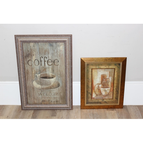 474 - 2 various framed artworks to include a print of a repurposed café sign and another nicely framed sti... 