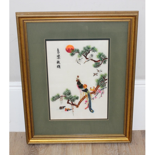 475 - Highly decorative Japanese silk embroidered framed picture of a peacock and other birds, approx 62cm... 