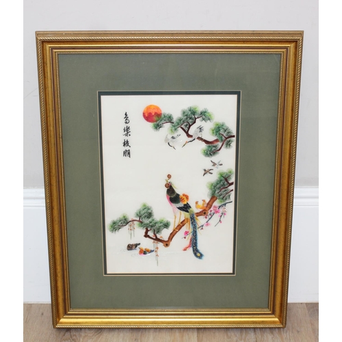 475 - Highly decorative Japanese silk embroidered framed picture of a peacock and other birds, approx 62cm... 