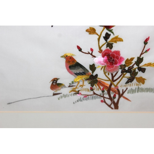 476 - 4 highly decorative Japanese silk embroidered framed pictures of birds, largest approx 46cm x 39cm