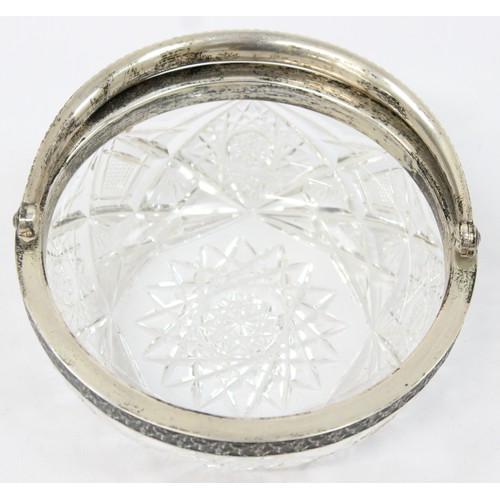 1099K - A silver mounted cut glass and dish with swing handle, various marks to inc 84 mark, possibly Russia... 