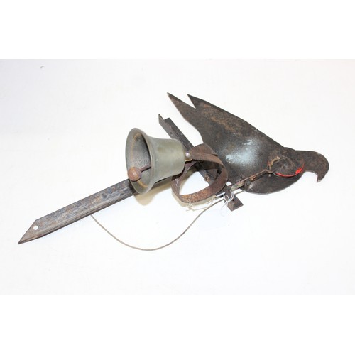 1359 - A vintage folk art painted metal air rifle target of a pigeon mounted with a bell and a vintage Hane... 