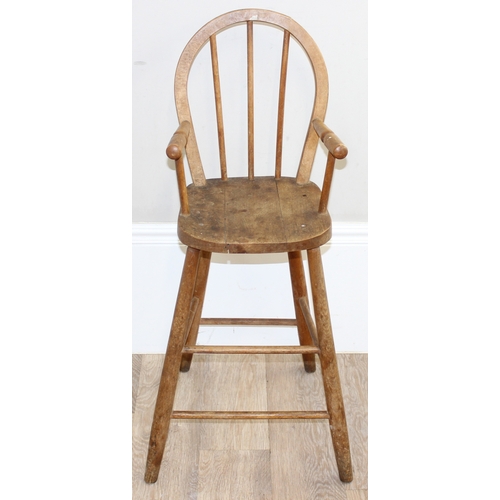 47 - A vintage Ercol style highchair with hoop back and a rustic wooden stool, high chair approx 88cm tal... 