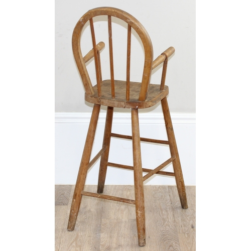 47 - A vintage Ercol style highchair with hoop back and a rustic wooden stool, high chair approx 88cm tal... 