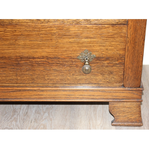 116 - An early 20th century oak 3 over 1 low chest of drawers or sideboard with Queen Anne style brass dro... 