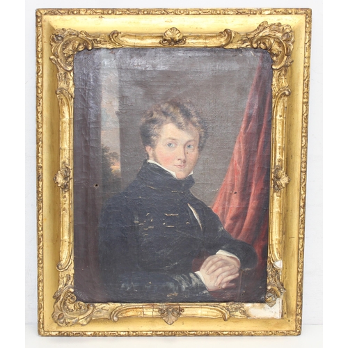 350 - A late 18th or early 19th century oil on canvas portrait of a young gentleman, seemingly unsigned an... 