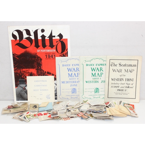 516 - Qty of collectable cigarette cards, some silk to incl Wills, and some WWII ephemera