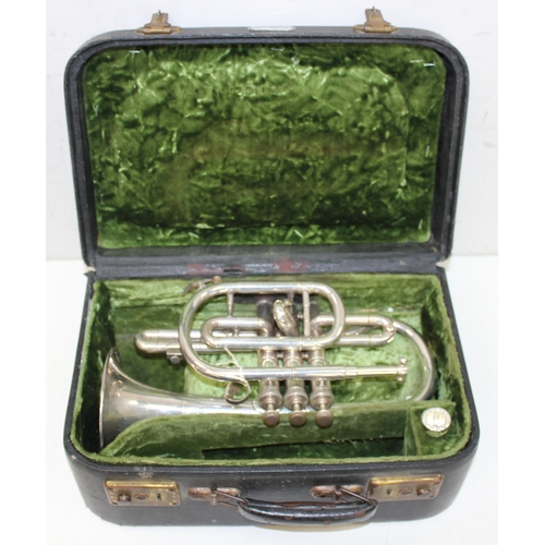 708 - Vintage Boosey & Hawkes Ltd 'The Regent' silver plated cornet in a Kitchen's of Leeds carry case