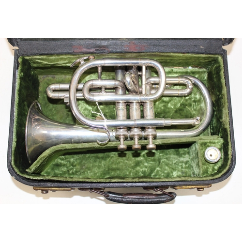 708 - Vintage Boosey & Hawkes Ltd 'The Regent' silver plated cornet in a Kitchen's of Leeds carry case