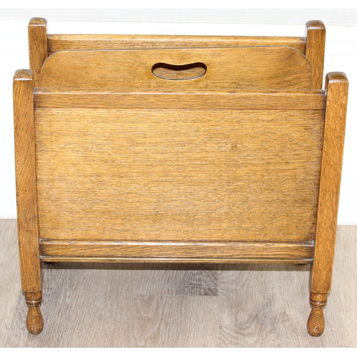 61 - A retro sewing box with contents and a vintage oak magazine rack, largest approx 53cm x 32cm x 44cm