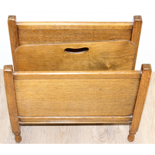 61 - A retro sewing box with contents and a vintage oak magazine rack, largest approx 53cm x 32cm x 44cm