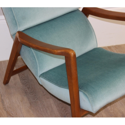 179 - Victor Wilkins for G Plan, Siesta lounge armchair with exposed wooden frame and turquoise green upho... 