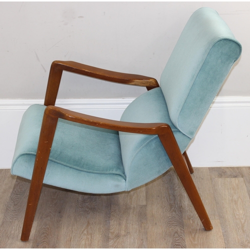 179 - Victor Wilkins for G Plan, Siesta lounge armchair with exposed wooden frame and turquoise green upho... 