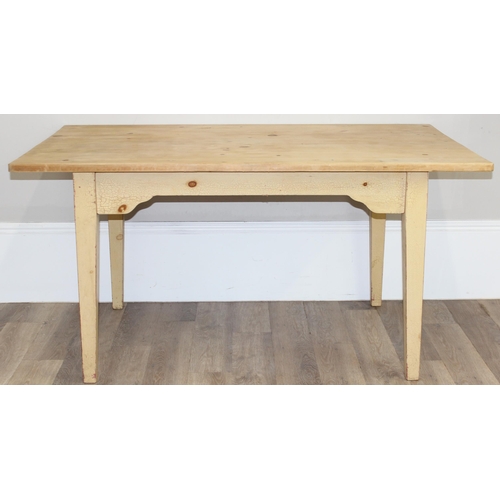 5 - A vintage distressed pine farmhouse kitchen table with white painted base, approx 152cm x 91cm x 76c... 