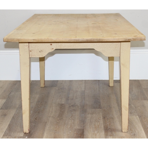 5 - A vintage distressed pine farmhouse kitchen table with white painted base, approx 152cm x 91cm x 76c... 