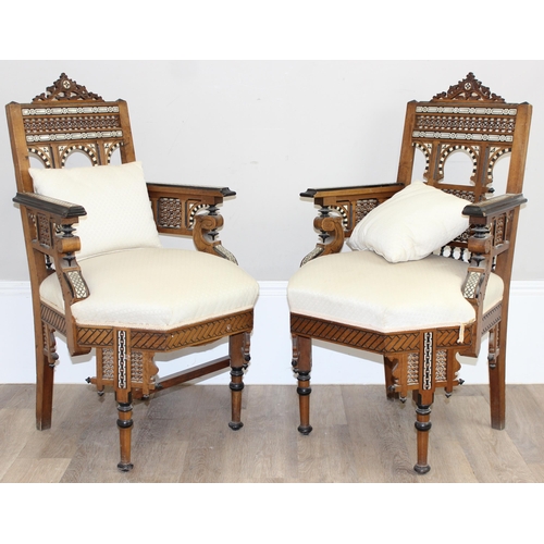 16 - A pair of highly decorative Syrian or North African Moorish Mashrabiya style armchairs, early to mid... 