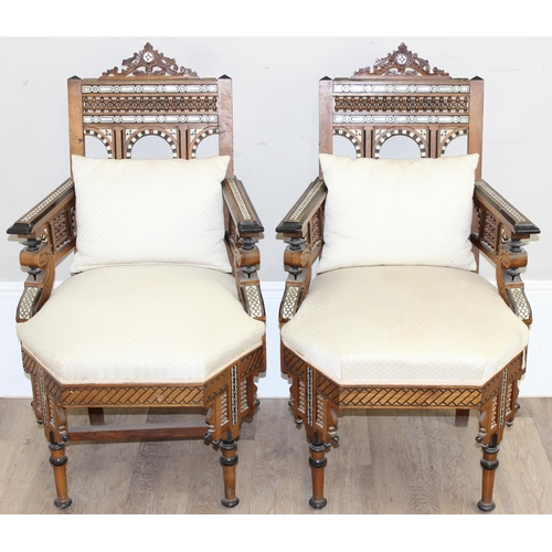 16 - A pair of highly decorative Syrian or North African Moorish Mashrabiya style armchairs, early to mid... 