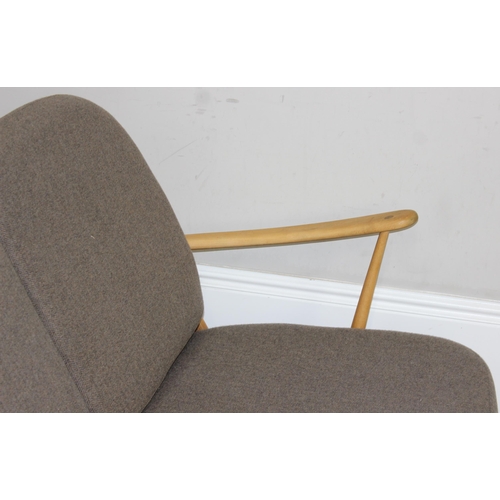 26 - A retro Ercol model 203 3 seater sofa with blonde finish and grey upholstery, black and gold label, ... 