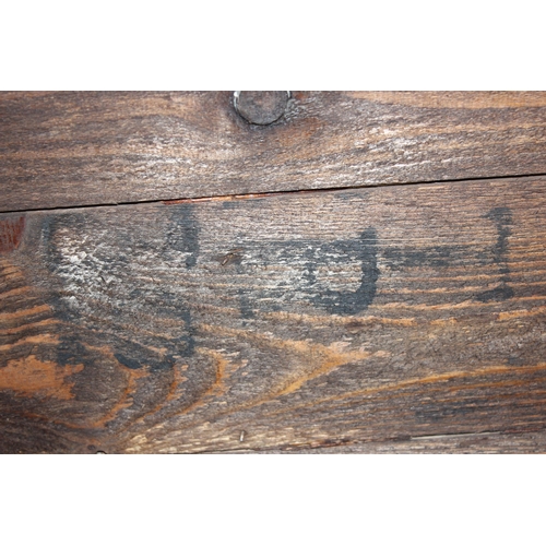 6 - An antique stained pine dome-topped chest or trunk with metal banding, approx 95cm x 49cm x 56cm