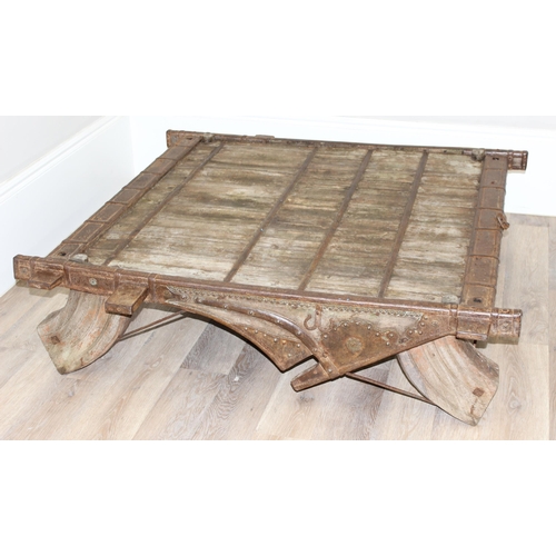 349K - A large vintage Moroccan style hardwood and metal mounted low table, approx 137cm wide x 140cm deep ... 