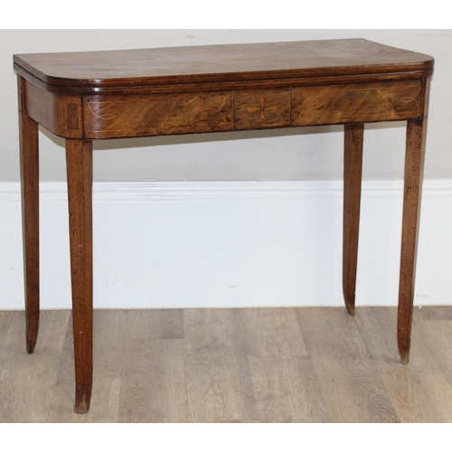 112 - A 19th century mahogany tea table with fold over top and inlaid details, approx 91cm wide x 45cm dee... 