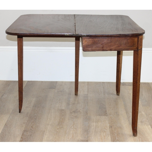 112 - A 19th century mahogany tea table with fold over top and inlaid details, approx 91cm wide x 45cm dee... 