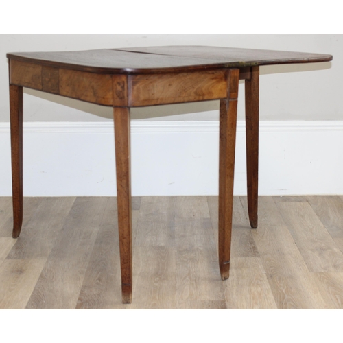 112 - A 19th century mahogany tea table with fold over top and inlaid details, approx 91cm wide x 45cm dee... 