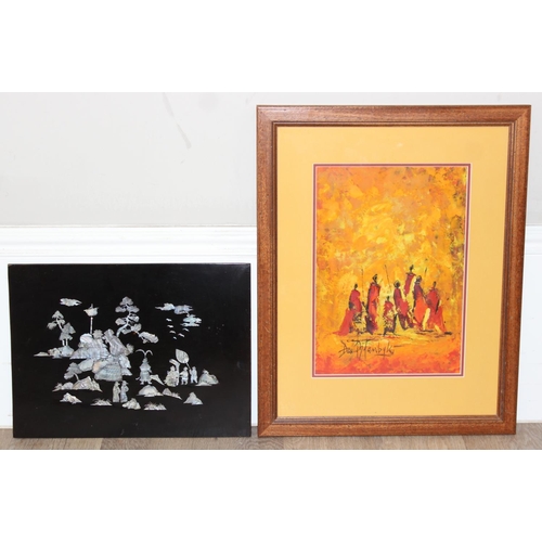 397 - David Ndambuki, oil on paper of Kenya Masai warriors, and an Oriental black lacquer and mother of pe... 