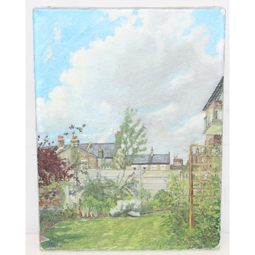 399 - 2 vintage oil paintings to inc one of a suburban garden signed More 87, on canvas and an unsigned im... 