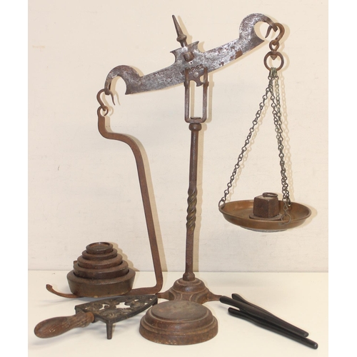 717 - A set of antique balance scales by W. Barnes and 7 various weights to include Avery, approx 49cm tal... 