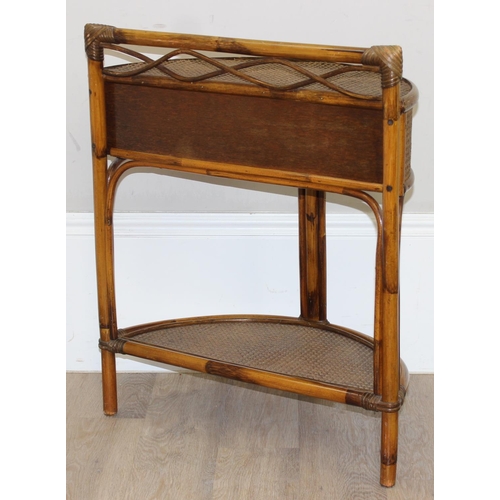 85 - A retro bamboo and rattan demi-lune side table with drawer, approx 64cm wide x 32cm deep x 78cm tall