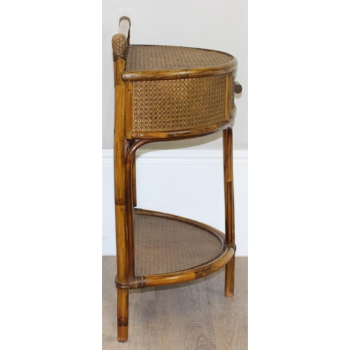 85 - A retro bamboo and rattan demi-lune side table with drawer, approx 64cm wide x 32cm deep x 78cm tall