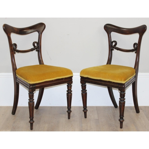 182 - A pair of William IV period mahogany chairs with gold coloured fabric upholstered seats, each approx... 