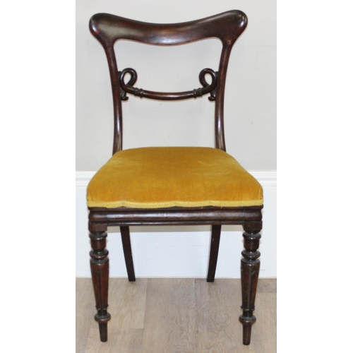 182 - A pair of William IV period mahogany chairs with gold coloured fabric upholstered seats, each approx... 