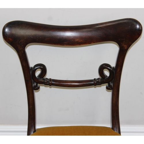 182 - A pair of William IV period mahogany chairs with gold coloured fabric upholstered seats, each approx... 